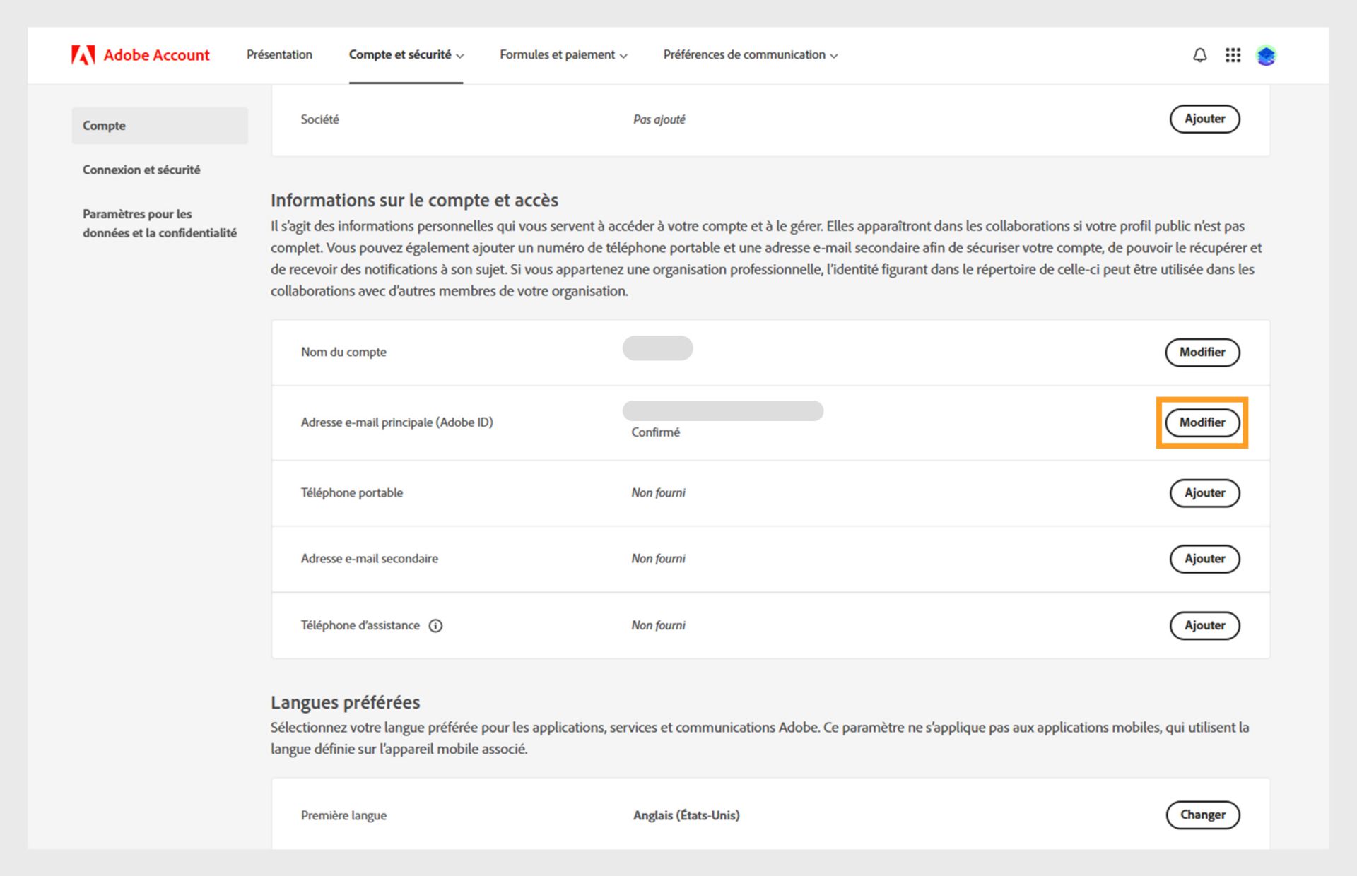 La page Compte et sécurité présente des options permettant de modifier le nom du compte et l’adresse e-mail principale ou l’Adobe ID, d’ajouter un numéro de téléphone, une adresse e-mail secondaire, le nom d’écran Adobe, les langues et l’entreprise, et de passer aux onglets Connexion, Sécurité et données, et Confidentialité. 