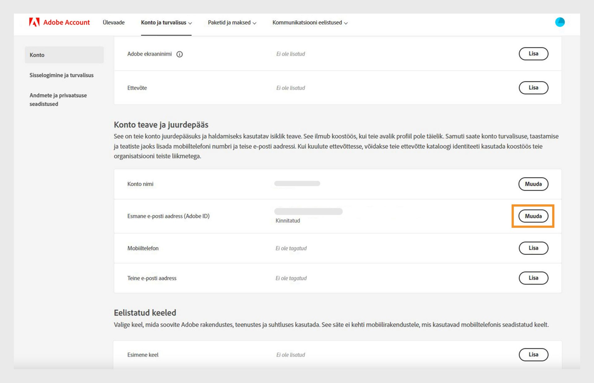 Konto teabe ja juurdepääsu jaotis konto lehel, millel on näidatud võimalused konto nime ja esmase e-posti aadressi või Adobe ID-d muutmiseks ning mobiiltelefoni numbri ja teisese e-posti aadressi lisamiseks. 