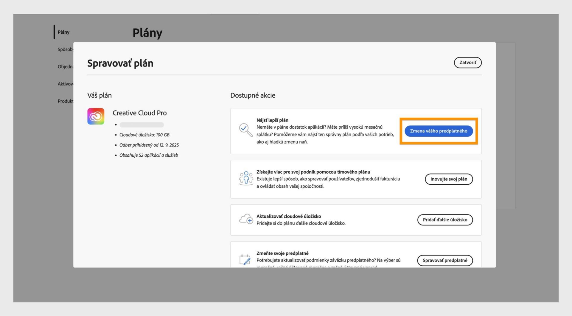 Okno Spravovať plán zobrazujúce dostupné akcie, kde je zvýraznené tlačidlo Zmeniť plán.