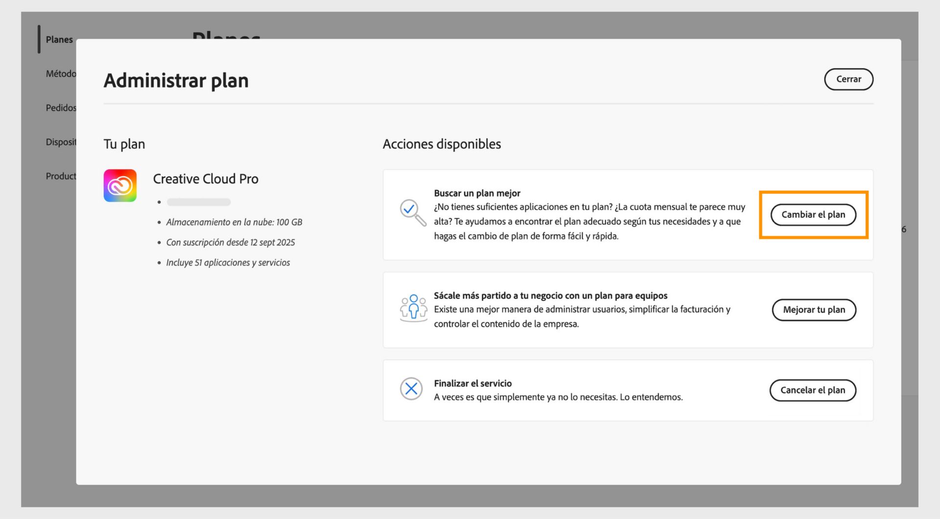 La ventana Administrar plan que muestra las acciones disponibles, donde se resalta el botón Cambiar su plan.