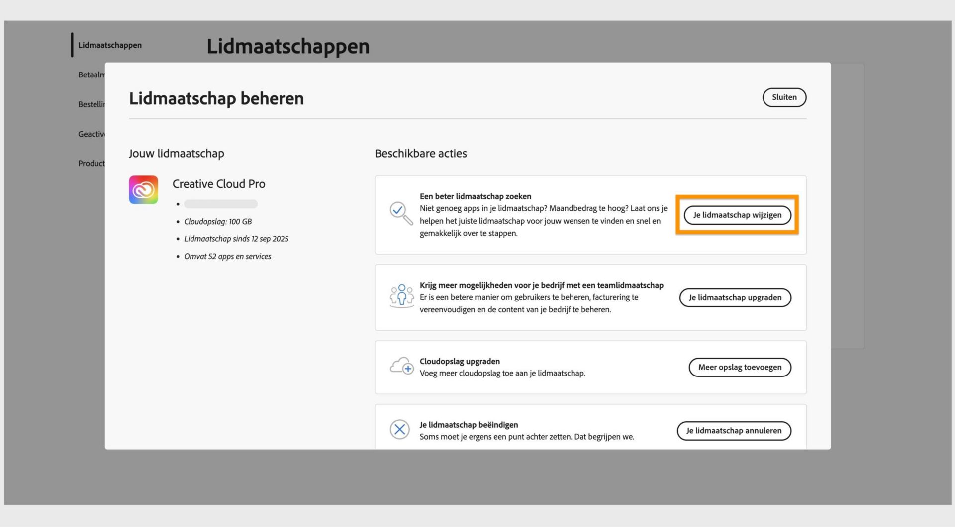 In het venster Lidmaatschap beheren worden de beschikbare acties weergegeven, waarbij de knop Je lidmaatschap wijzigen is gemarkeerd.