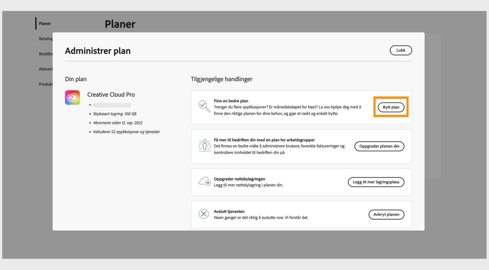 Vinduet Administrer plan som viser de tilgjengelige handlingene, der knappen Endre planen din er fremhevet.