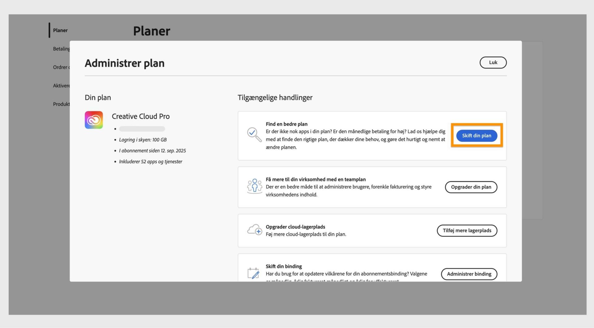 Vinduet Administrer plan, der viser de tilgængelige handlinger, hvor knappen Skift din plan er fremhævet.