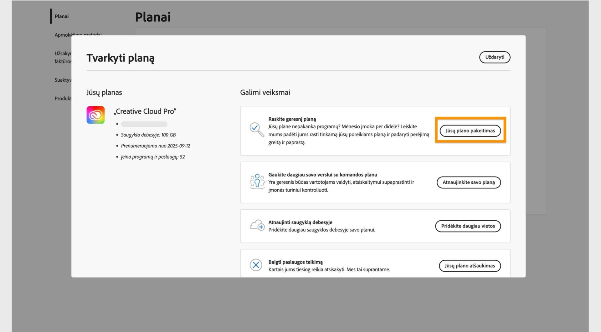 Lango „Tvarkyti planą“ rodinys su galimais veiksmais, kuriame paryškintas mygtukas „Keisti planą“.