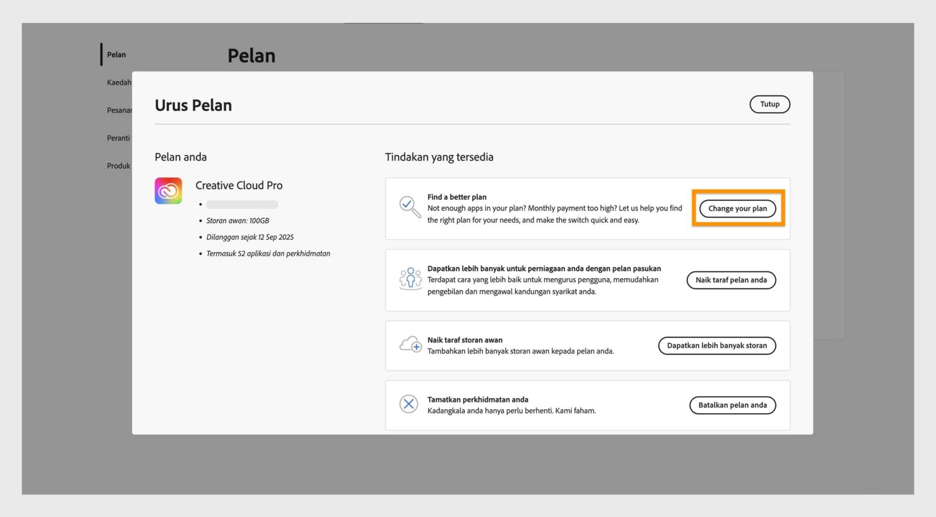Tetingkap Urus Pelan memaparkan tindakan yang tersedia, dengan butang Tukar pelan anda diserlahkan.