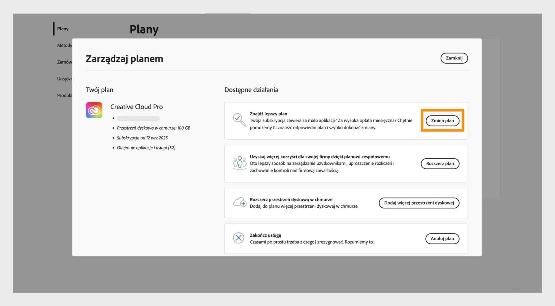 Okno Zarządzaj planem z dostępnymi działaniami, gdzie wyróżniony jest przycisk Zmień plan.