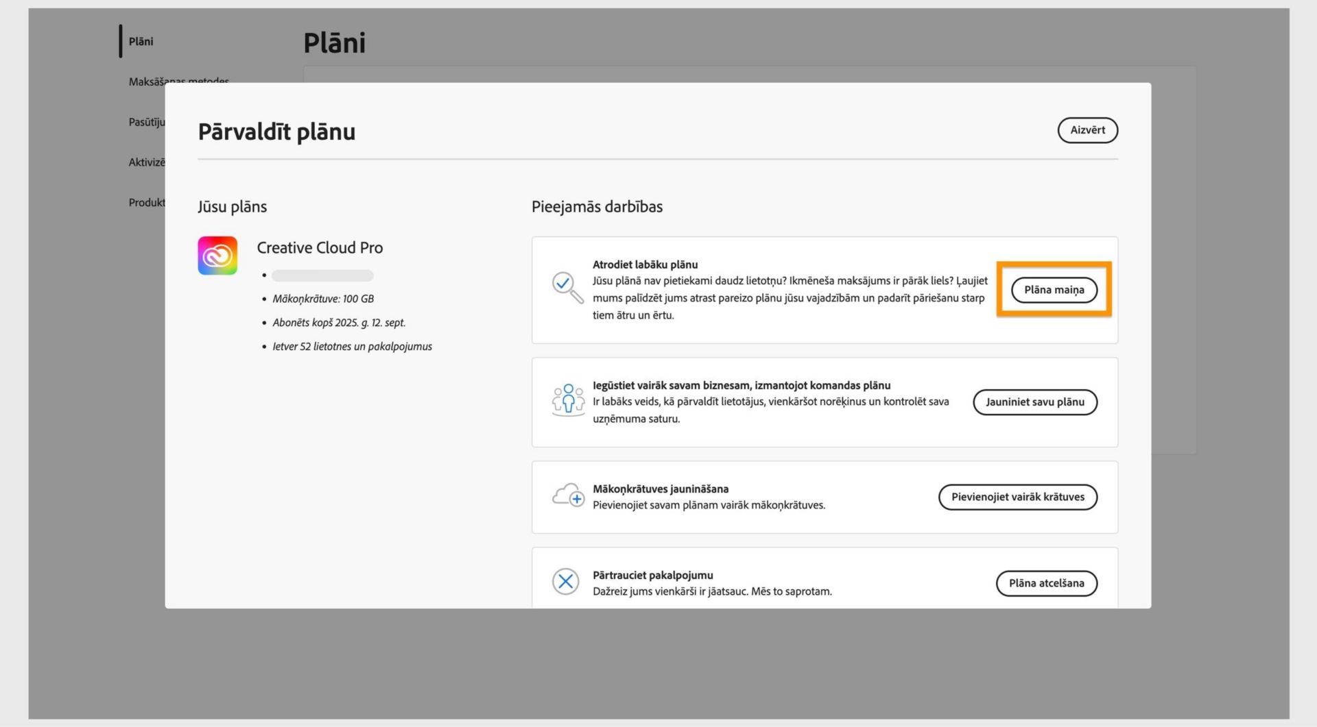 Logs Pārvaldīt plānu, kurā redzamas pieejamās darbības un ir izcelta poga Mainīt plānu.