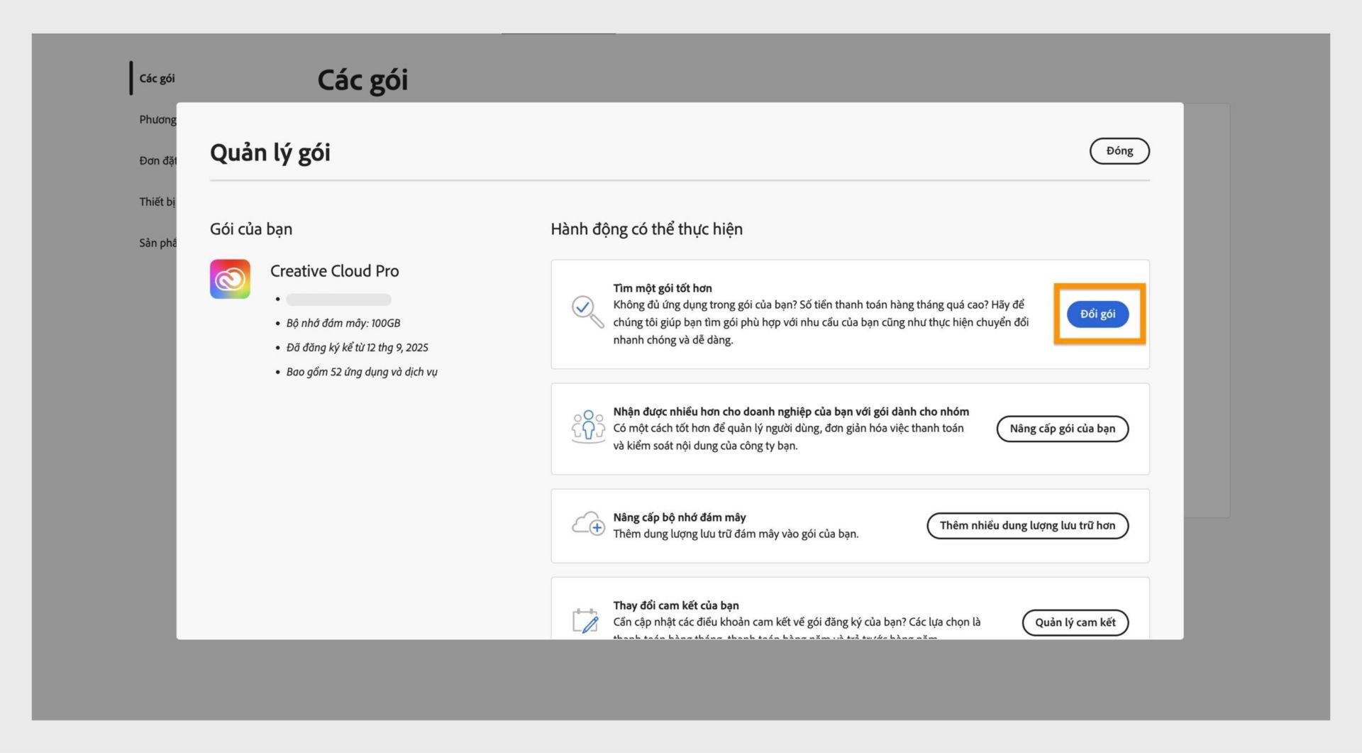 Cửa sổ Quản lý gói hiển thị các hành động có sẵn, trong đó nút Đổi gói được làm nổi bật.