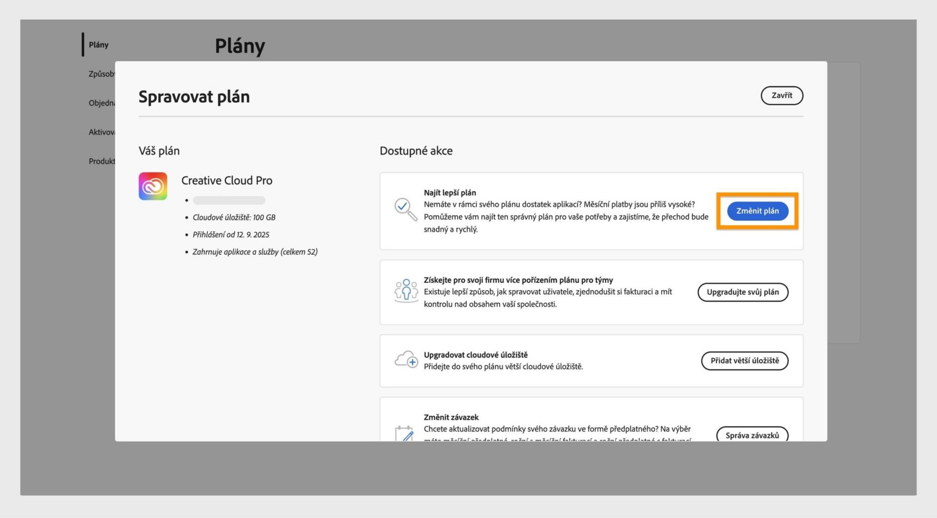 Okno Spravovat plán zobrazující dostupné akce, kde je zvýrazněno tlačítko Změnit plán.