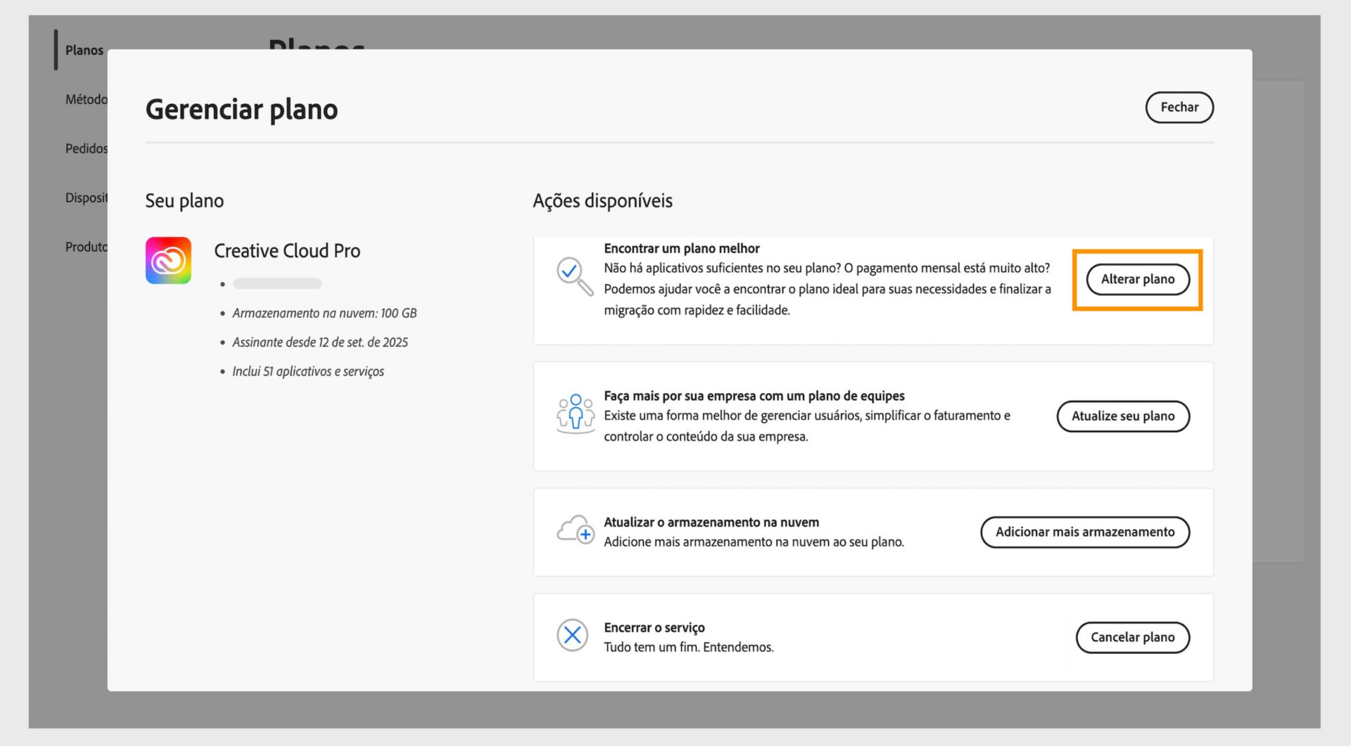 A janela Gerenciar plano exibindo as ações disponíveis, onde o botão Alterar seu plano está destacado.