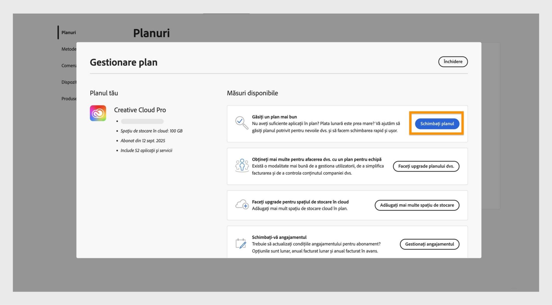 Fereastra Gestionare Plan care afișează acțiunile disponibile, unde butonul Schimbați-vă planul este evidențiat.