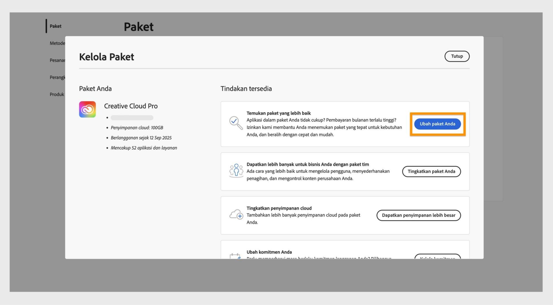 Jendela Kelola Paket menampilkan tindakan yang tersedia, dengan tombol Ubah paket Anda yang disorot.