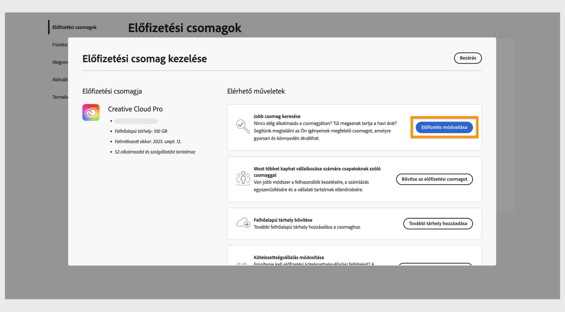 A Csomagkezelés ablak, amely megjeleníti az elérhető műveleteket, ahol a Csomag módosítása gomb ki van emelve.