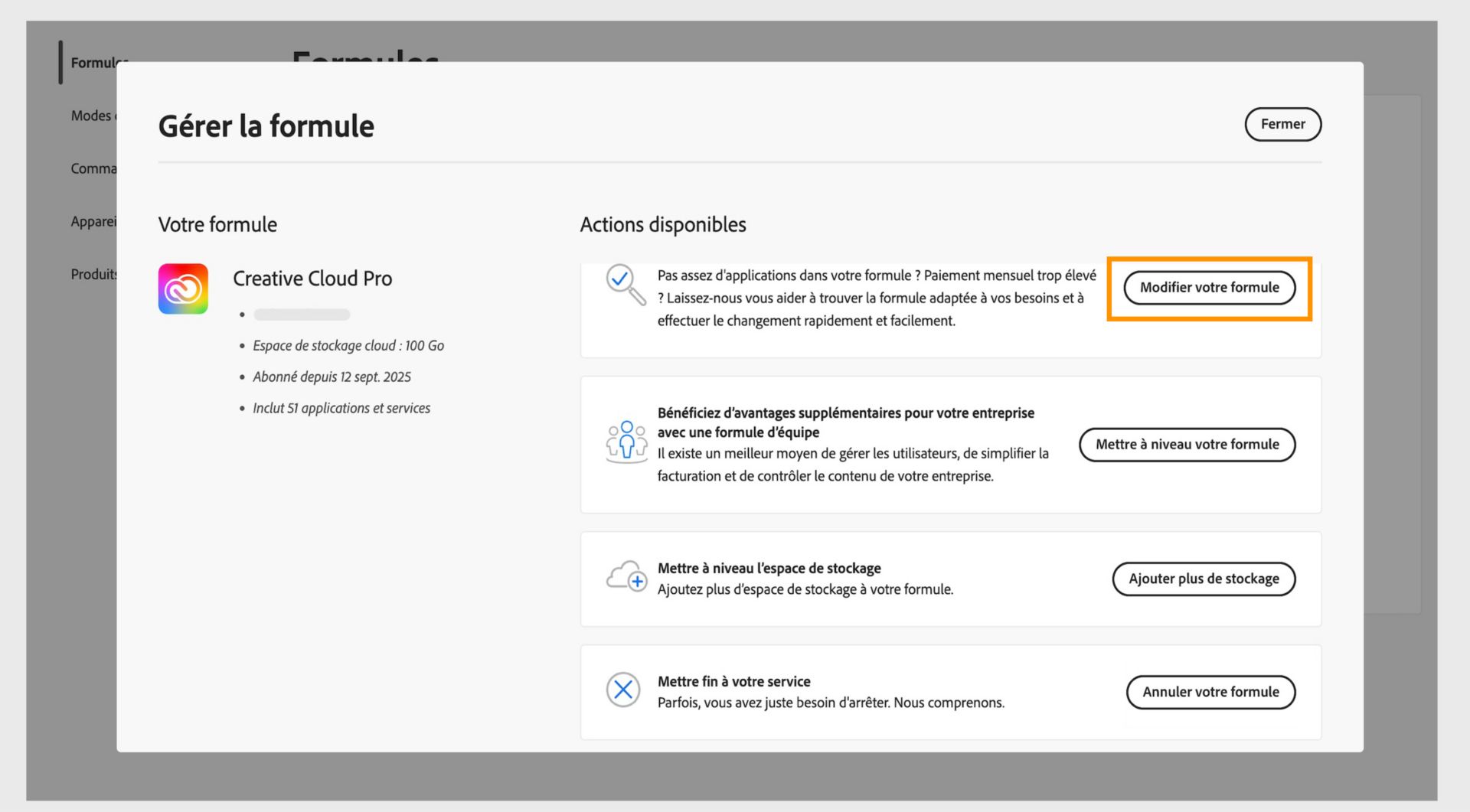 La fenêtre Gérer la formule affichant les actions disponibles, où le bouton Modifier votre formule est mis en surbrillance.