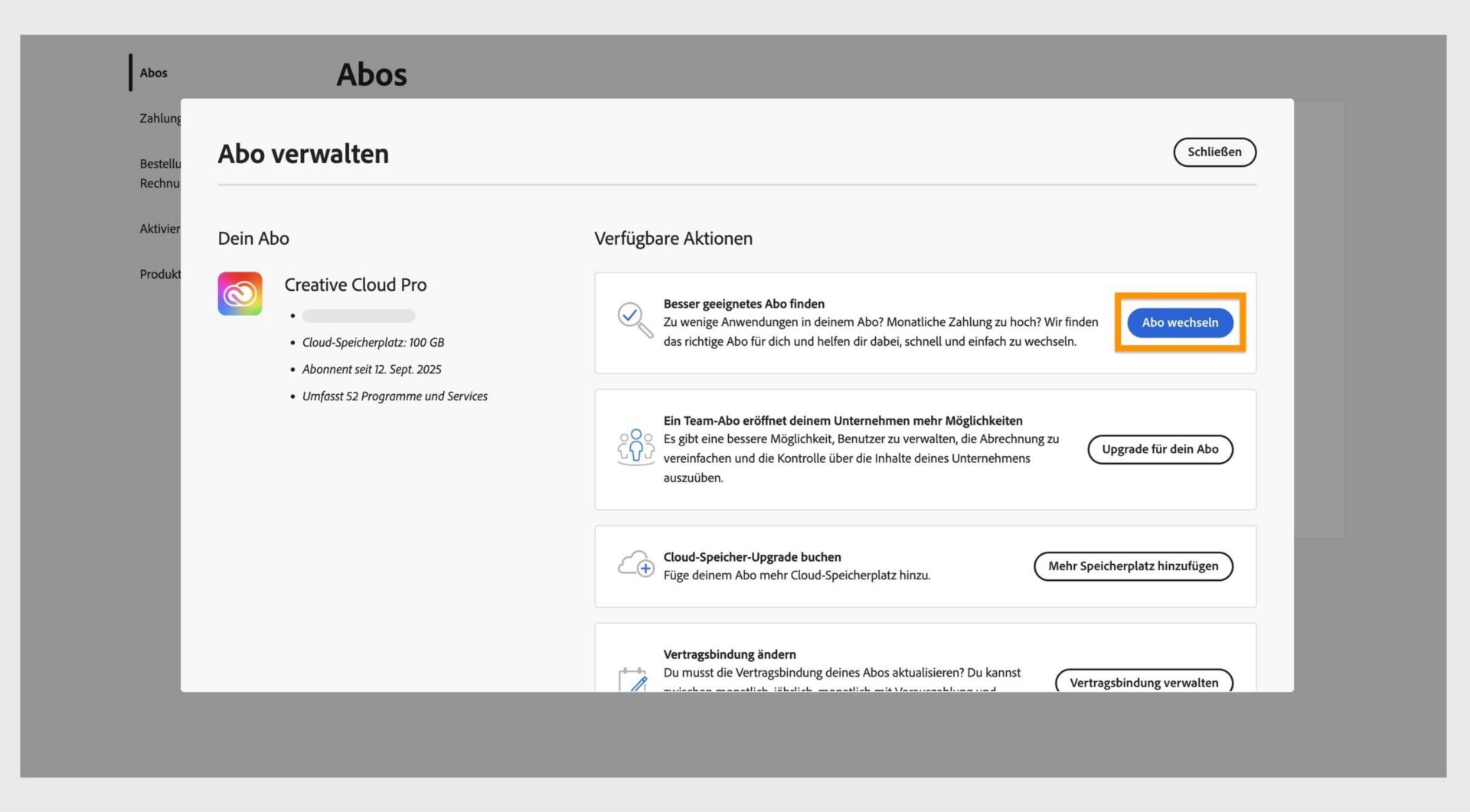 Das Fenster „Abo verwalten“ zeigt die verfügbaren Aktionen an, wobei die Schaltfläche „Abo wechseln“ hervorgehoben ist.