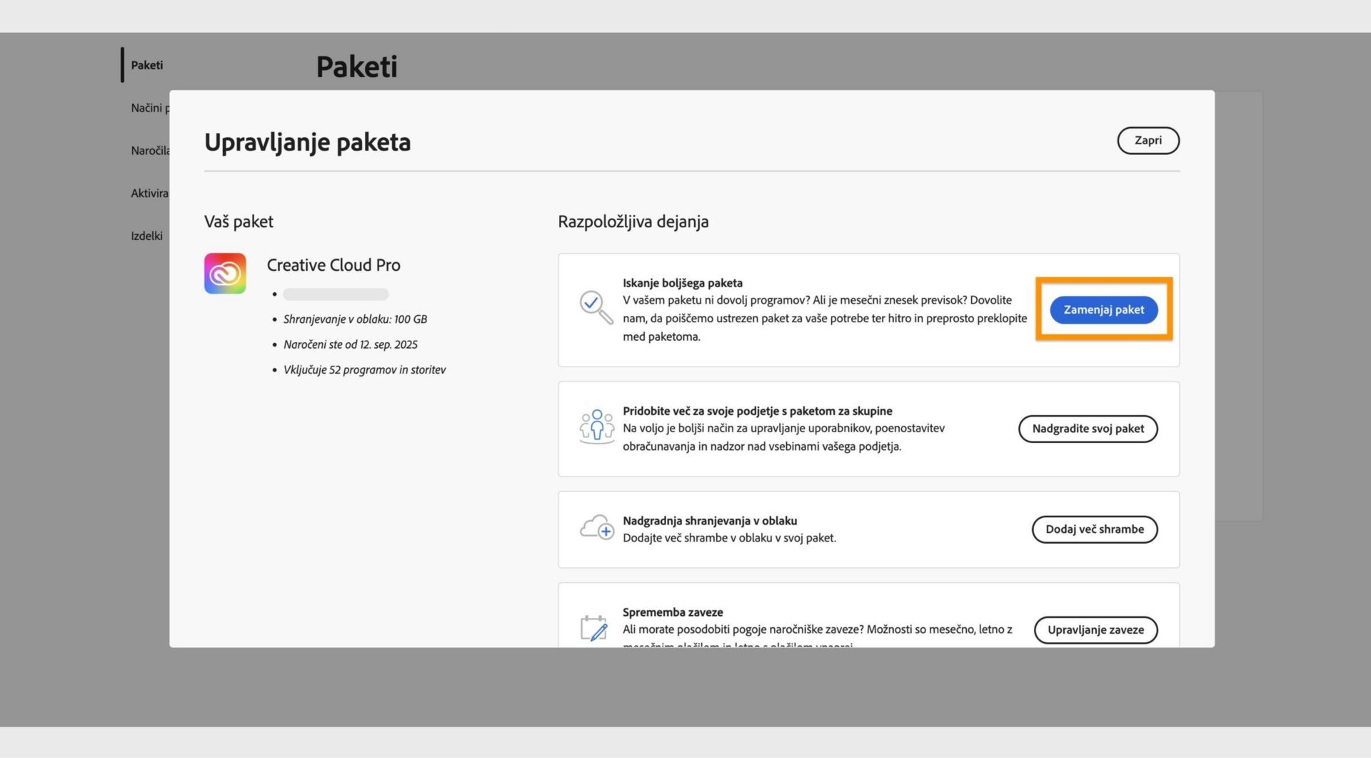 Okno za upravljanje paketa prikazuje razpoložljiva dejanja, kjer je označen gumb za spremembo paketa.