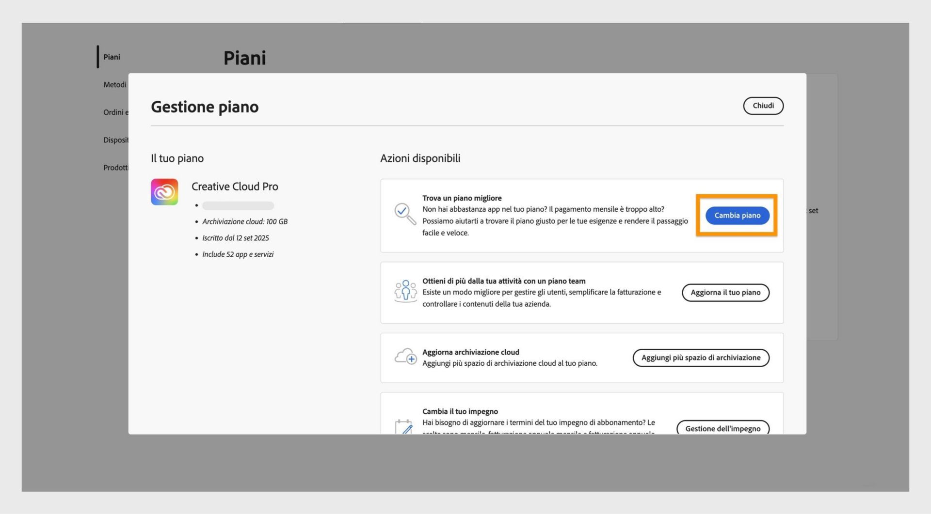 La finestra Gestisci piano che mostra le azioni disponibili, con il pulsante Cambia piano evidenziato.