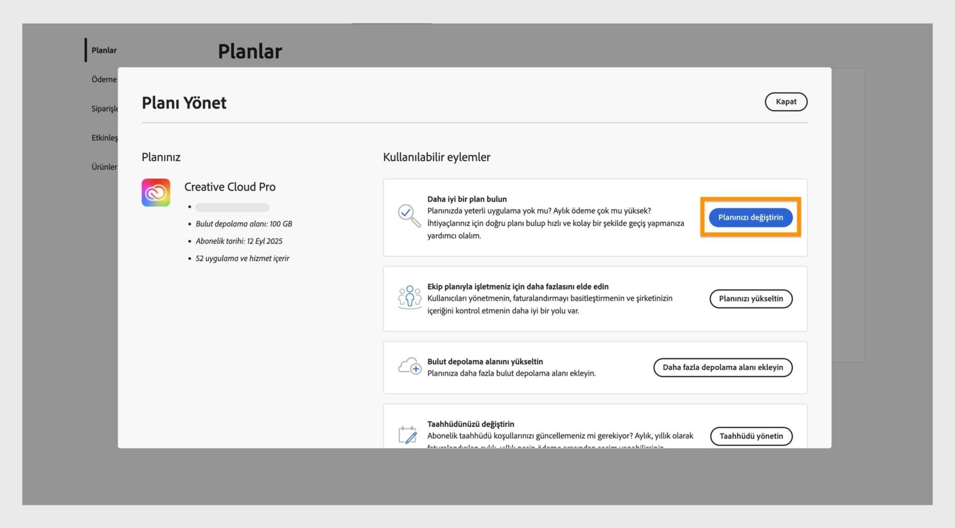 Planınızı değiştirin düğmesinin vurgulandığı, kullanılabilir eylemleri gösteren Planı Yönet penceresi.