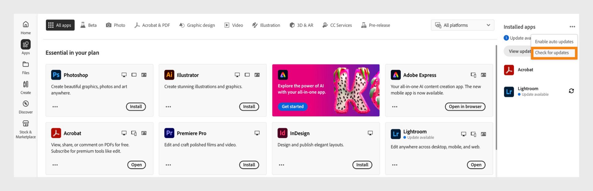 The More actions icon under Installed apps in the Apps tab, showing options to enable or manage auto updates, and check for updates.