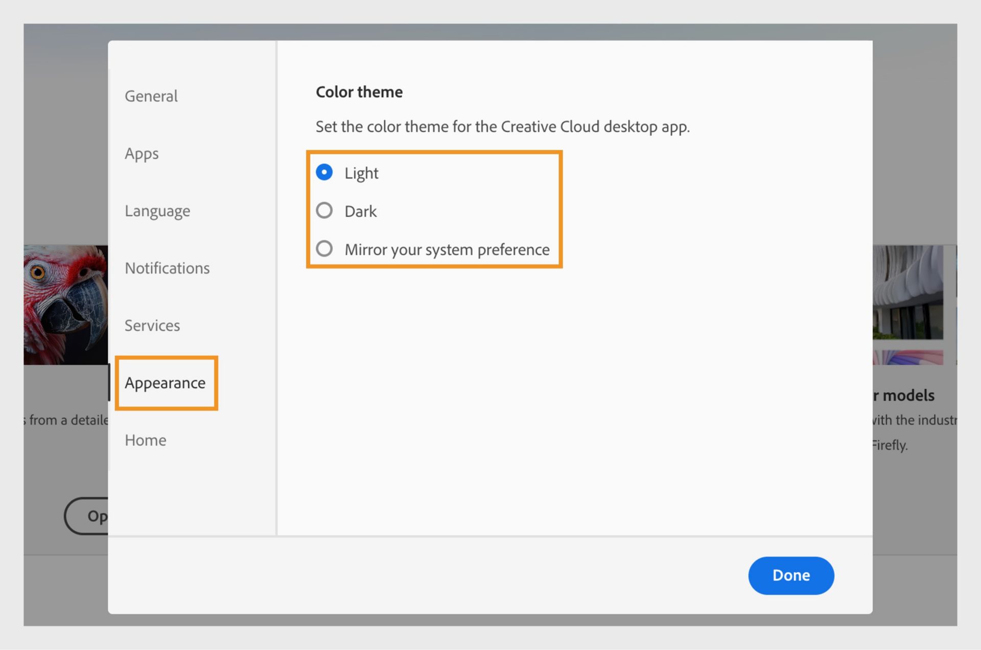 L‘onglet Apparence de la fenêtre Préférences affiche les options permettant de modifier le thème de couleur de votre application Creative Cloud. 