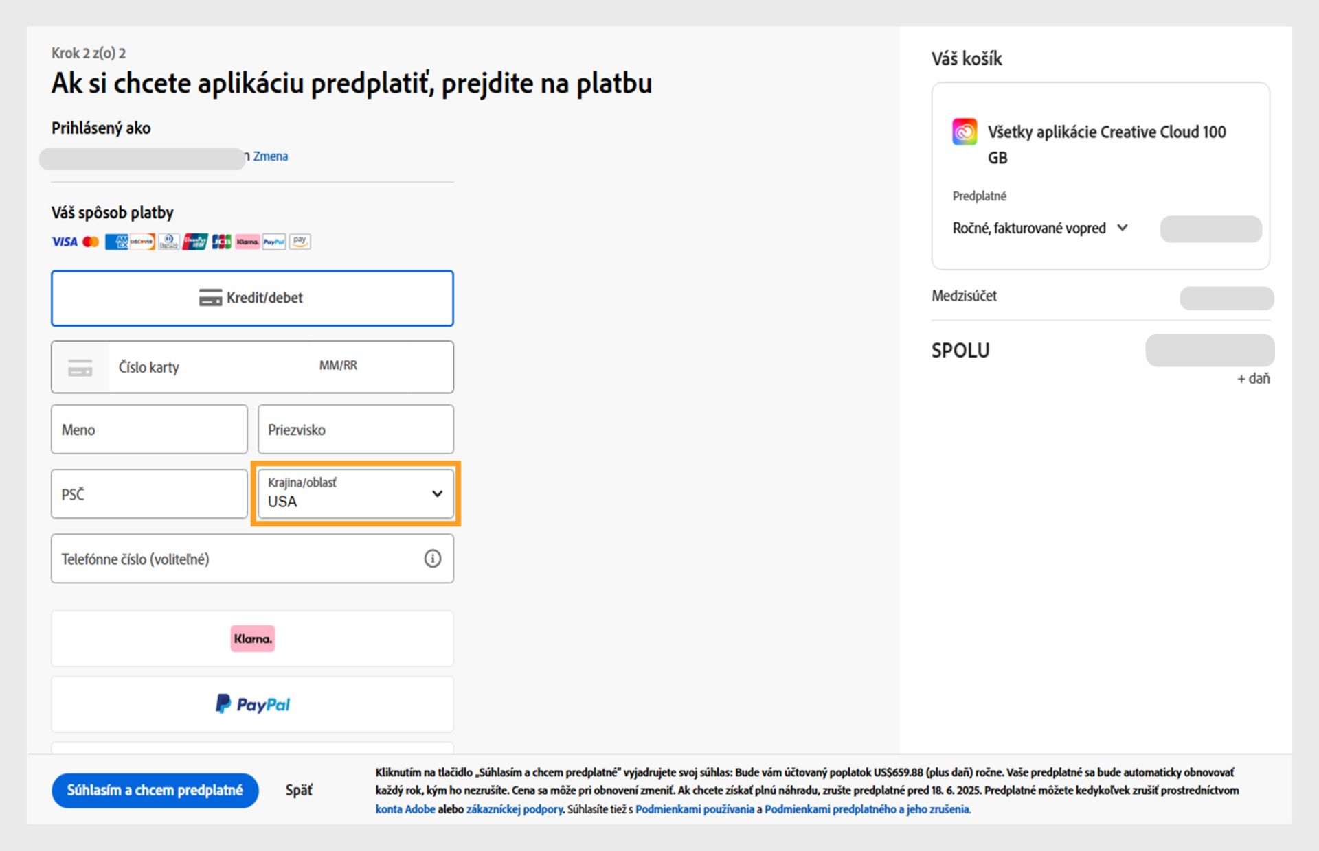 Na stránke Na spustenie predplatného zadajte platobné údaje sa zobrazujú dostupné spôsoby platby, polia na zadanie podrobností o platbe, položky v košíku aj s cenami, účet, do ktorého ste sa prihlásili, pričom máte možnosť ho zmeniť a tlačidlo Predplatiť na dokončenie nákupu. 