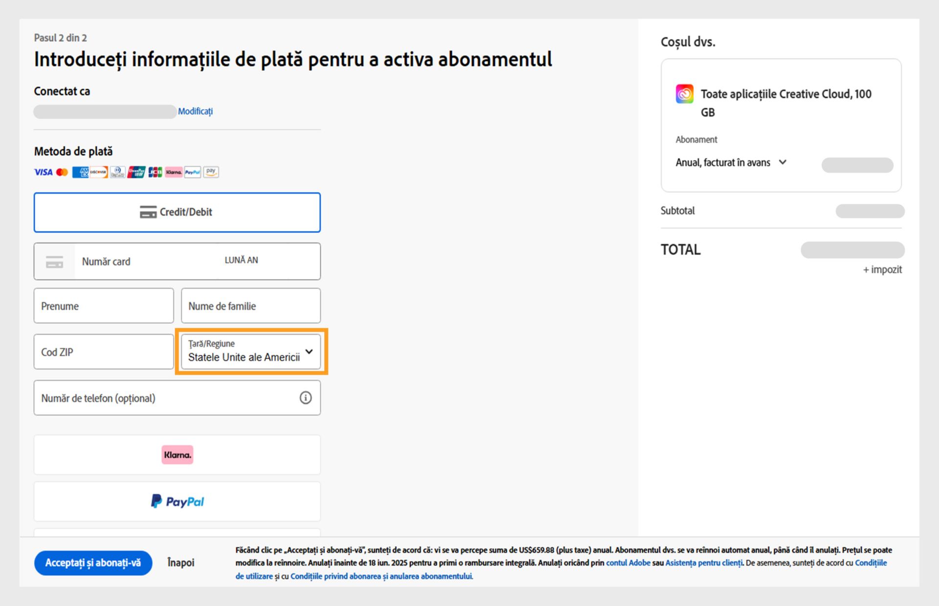 Pagina „Introducere informații de plată” pentru demararea abonamentului prezintă metodele de plată disponibile, câmpurile pentru introducerea detaliilor de plată, articolele din coș și prețurile acestora, contul conectat alături de opțiunea de a modifica adresa de e-mail și butonul Abonare pentru finalizarea achiziției.
