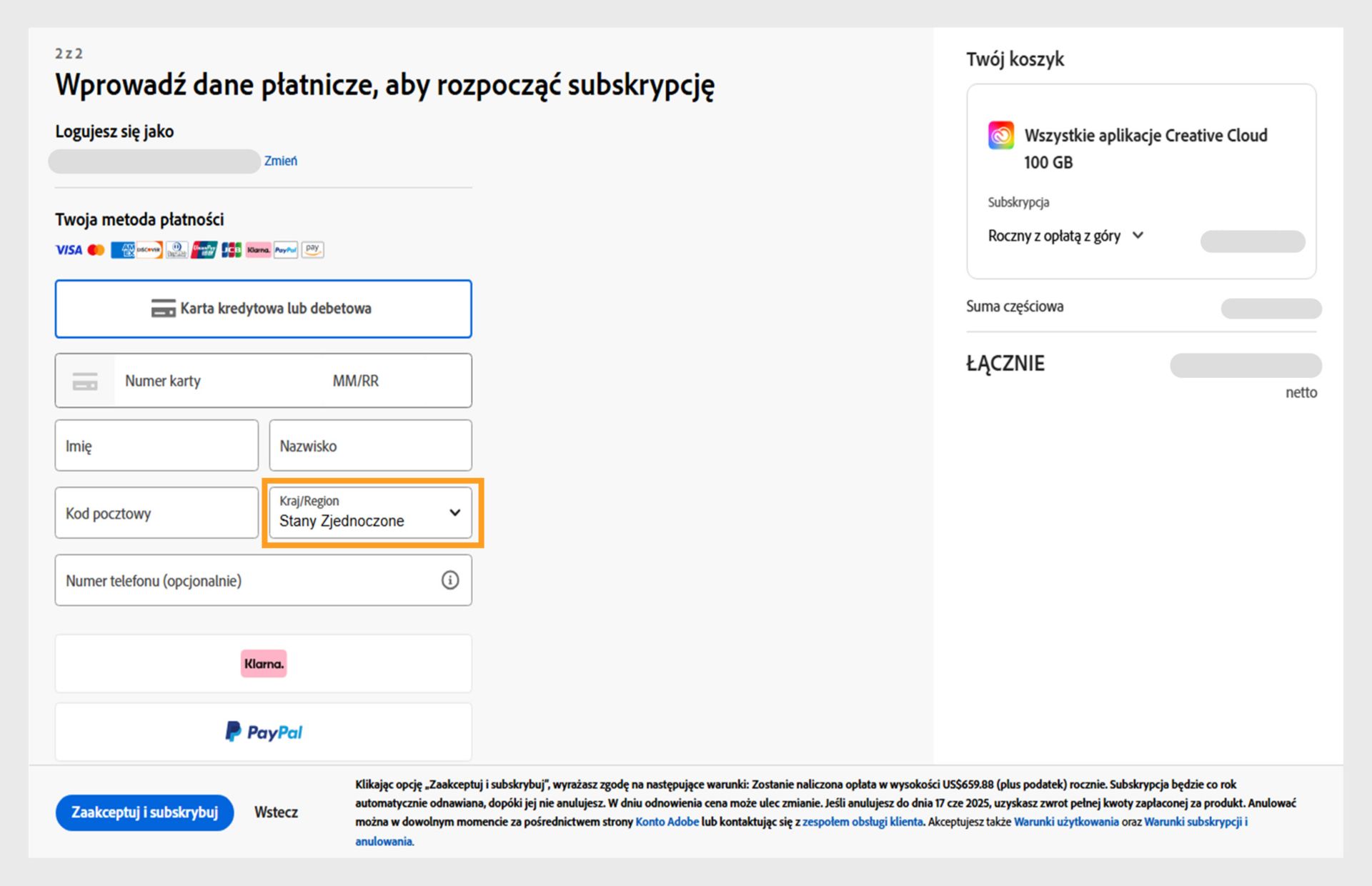 Strona „Wprowadź informacje rozliczeniowe, aby rozpocząć subskrypcję” pokazująca dostępne metody płatności, pola do wprowadzenia szczegółów płatności, produkty w koszyku i ich ceny, konto, na które się zalogowano z opcją zmiany adresu e-mail oraz przycisk Subskrybuj, aby ukończyć zakup. 