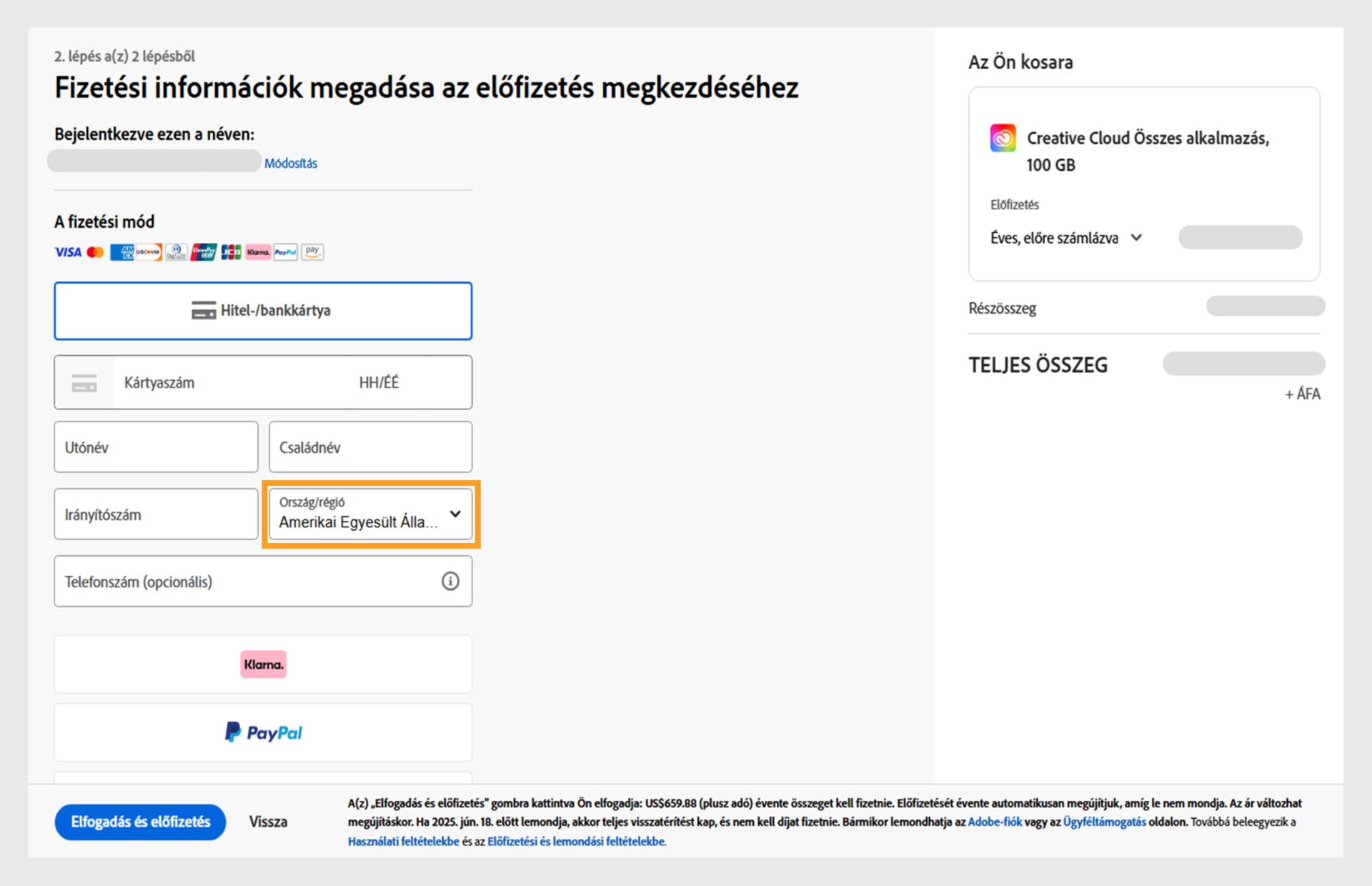 A Fizetési információk megadása az előfizetés megkezdéséhez oldal, ahol a rendelkezésre álló fizetési módok, a fizetési adatok megadására szolgáló mezők, a kosárban lévő tételek és azok ára látható, valamint azok a fiókok, amelyekbe bejelentkezett – az e-mail-cím megváltoztatásának a lehetőségével –, valamint az előfizetés gomb a vásárlás befejezéséhez. 