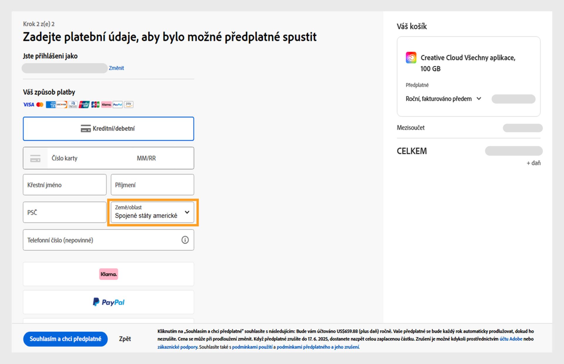 Stránka „Začněte zadáním platebních údajů“, kde se zobrazují dostupné platební metody, pole pro zadání platebních údajů, položky v košíku a jejich ceny, účet, pod kterým jste přihlášeni, s možností změny e-mailové adresy a tlačítko pro dokončení nákupu předplatného. 