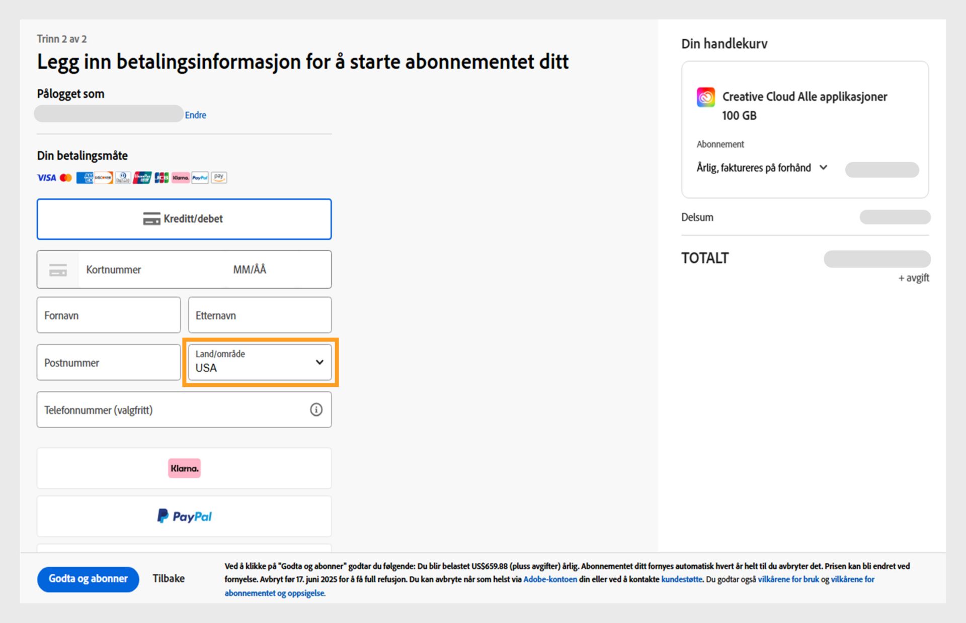 Siden Angi betalingsinformasjon for å starte abonnementet viser tilgjengelige betalingsmåter, felt for å angi betalingsinformasjon, varer i handlekurven og prisene på disse, pålogget konto med mulighet for å endre e-postadresse og abonnementsknappen for å fullføre kjøpet. 