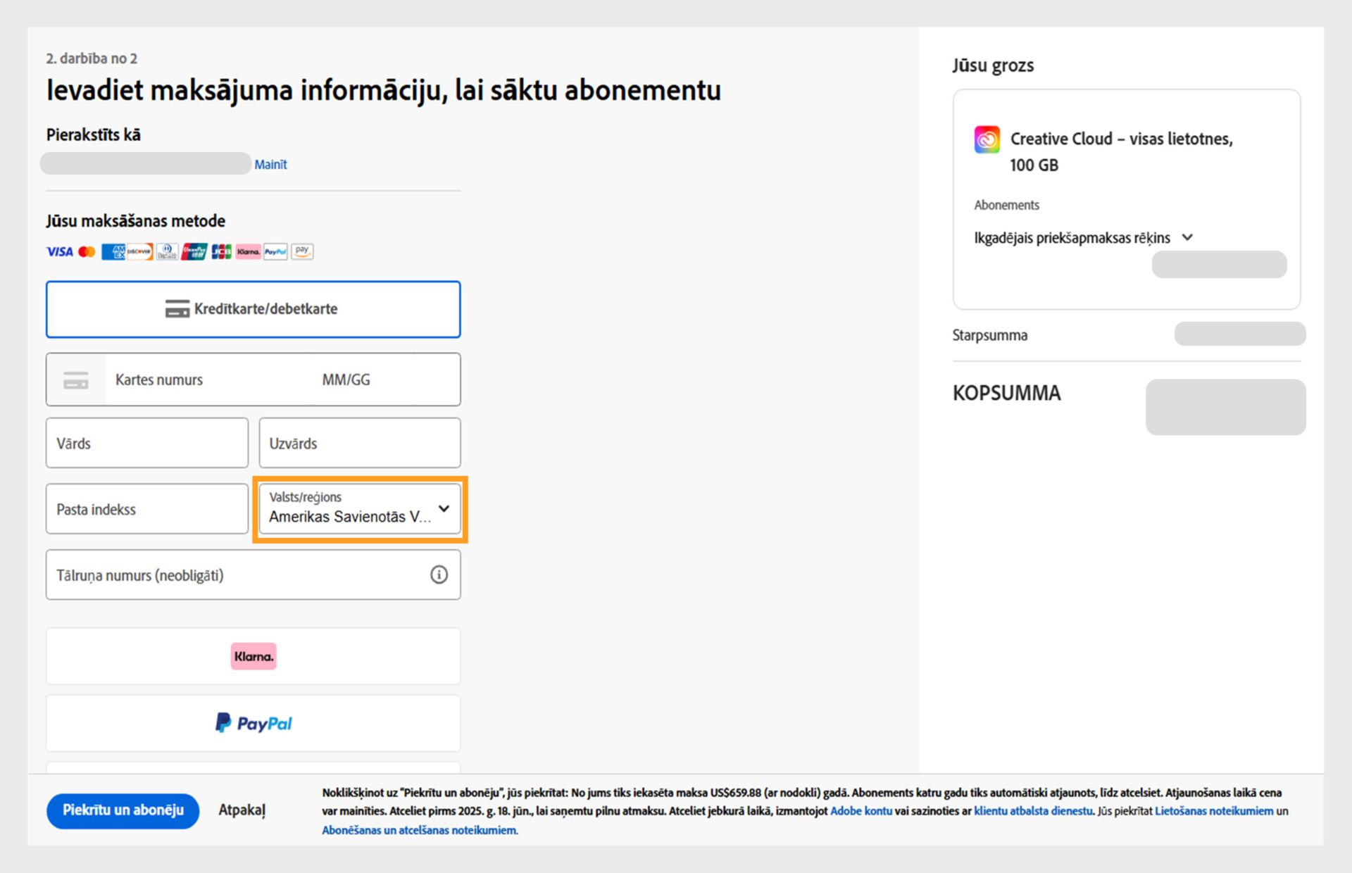 Ievadiet maksājuma informāciju, lai atvērtu abonēšanas lapu, kurā redzamas pieejamās maksāšanas metodes, lauki maksājuma informācijas ievadīšanai, preces grozā un to cenas, izmantotais konts ar iespēju mainīt e-pastu un pogu abonēt, lai pabeigtu pirkumu. 