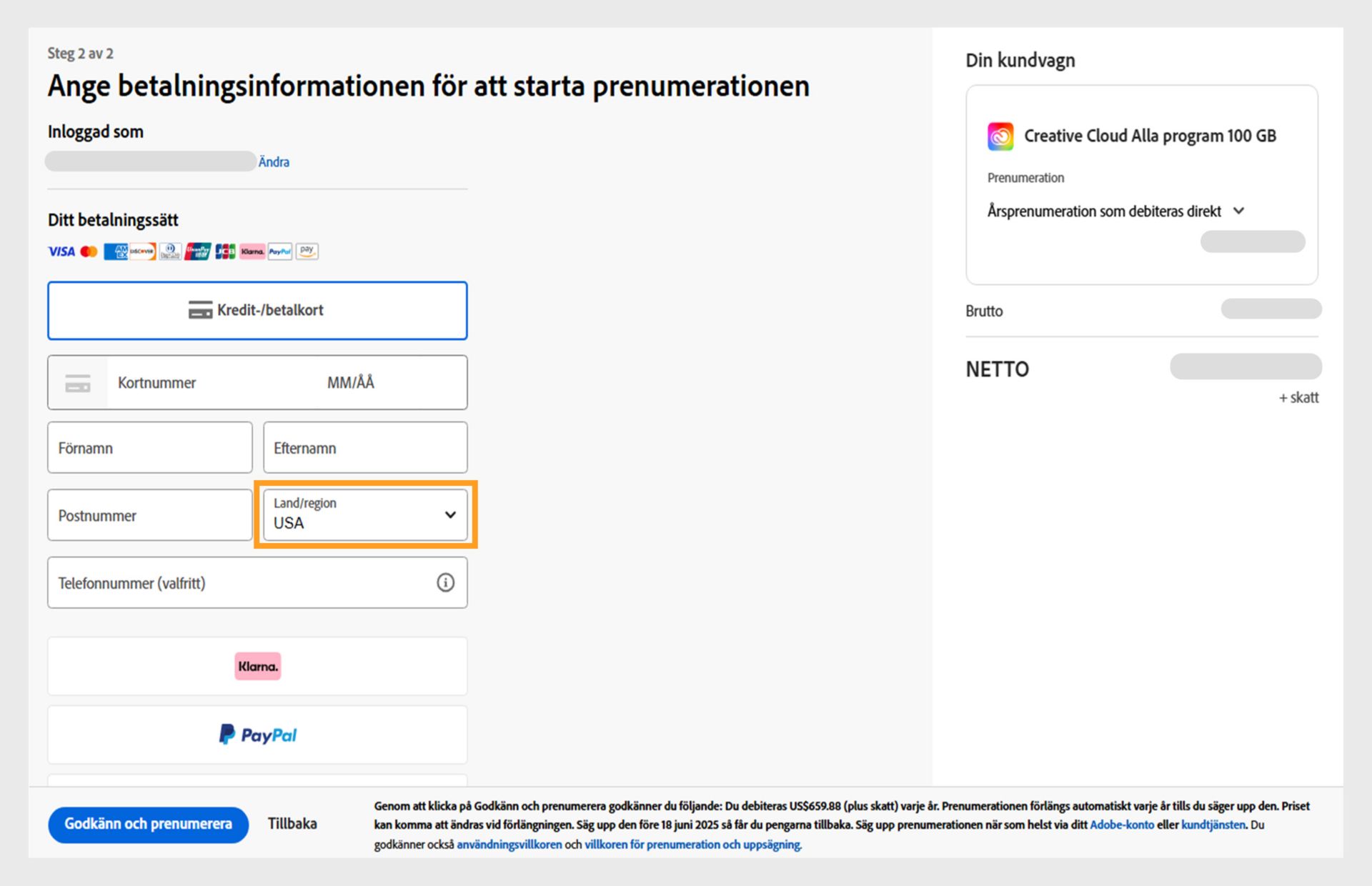 Sidan Ange betalningsinformation för att starta din prenumeration visar tillgängliga betalningsmetoder, fält att ange betalningsinformation i, artiklar i din varukorg och deras priser, inloggat konto med alternativ för att ändra e-postadress och prenumerationsknappen för att slutföra köpet. 