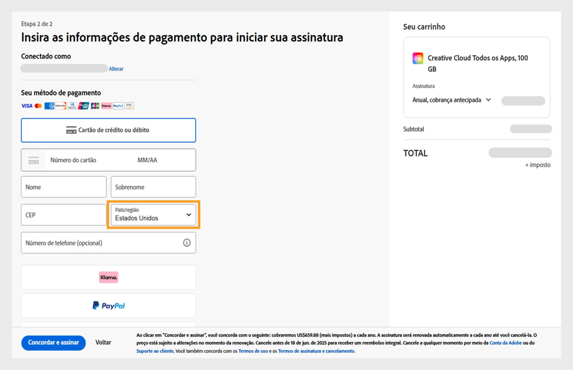 A página Inserir informações de pagamento para iniciar sua assinatura mostra os métodos de pagamento disponíveis, os campos para inserir detalhes do pagamento, os itens no carrinho e respectivos preços, a conta conectada com a opção de alterar o email e o botão de assinatura para concluir a compra. 