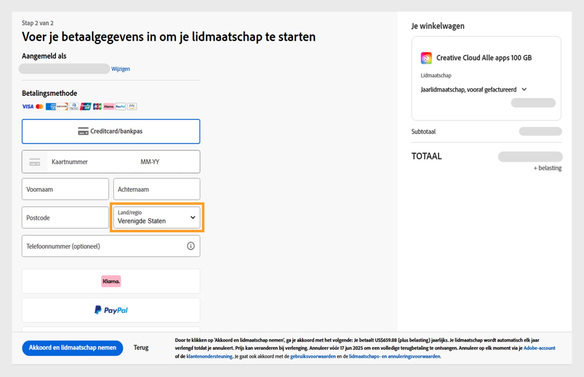 De pagina Voer betalingsgegevens in om uw abonnement te starten met de beschikbare betaalmethoden, velden om betalingsgegevens in te voeren, items in uw winkelwagentje en hun prijzen, aangemeld account met optie om e-mailadres te wijzigen, en de knop Abonneren om de aankoop te voltooien. 
