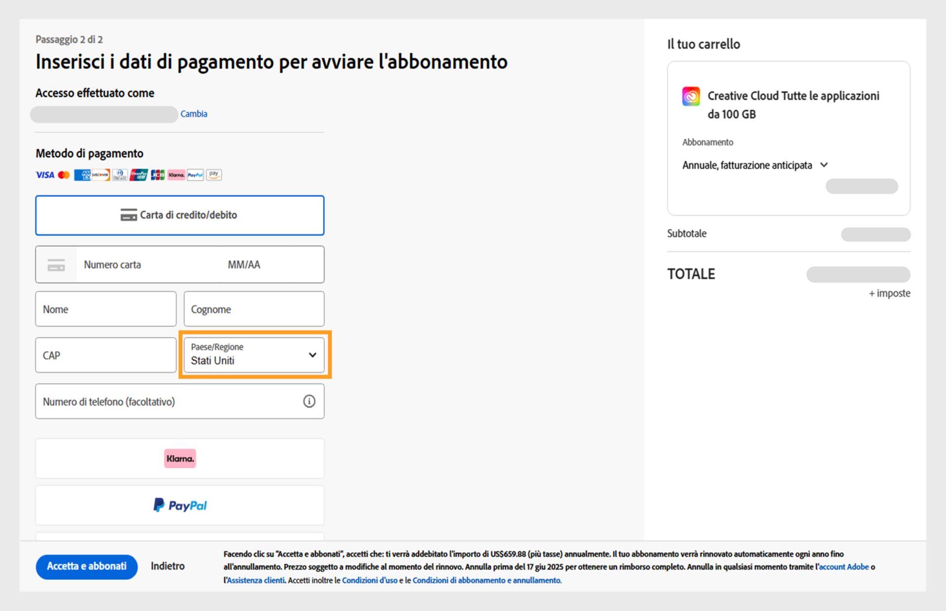La pagina Immetti le informazioni di pagamento per avviare l’abbonamento mostra i metodi di pagamento disponibili, i campi per inserire i dati di pagamento, gli articoli nel carrello con i relativi prezzi, l’account con cui si è effettuato l’accesso con l’opzione per modificare l’indirizzo e-mail e il pulsante Abbonati per completare l’acquisto. 