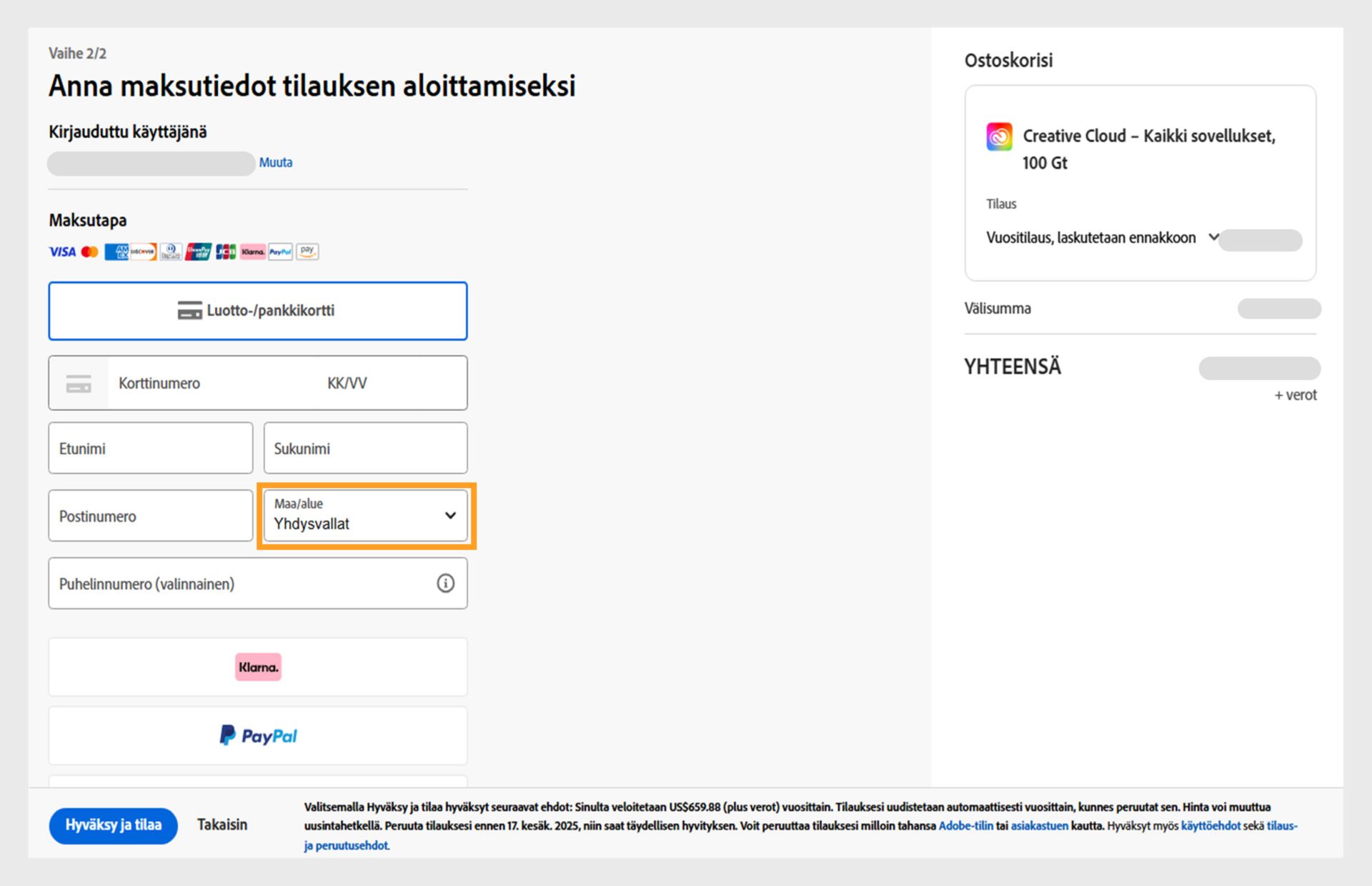 Enter payment info to start your subscription (Anna maksutiedot aloittaaksesi tilauksen) -sivulla näytetään käytettävissä olevat maksutavat, kentät maksutietojen syöttämistä varten, ostoskorissa olevat tuotteet ja niiden hinnat, tili, jolle on kirjauduttu, ja mahdollisuus vaihtaa tilin sähköpostiosoitetta sekä tilauspainike ostoksen viimeistelemiseksi. 