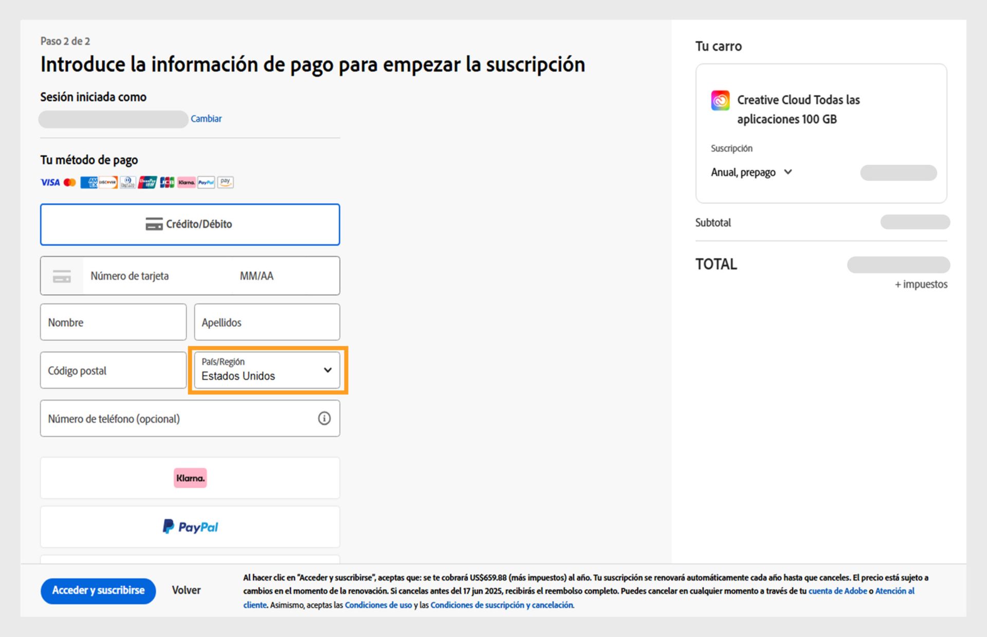 La página Introduzca la información de pago para iniciar su suscripción muestra los métodos de pago disponibles, los campos para introducir los datos de pago, los artículos del carro de compras y sus precios, la cuenta iniciada con la opción de cambiar el correo electrónico y el botón de suscripción para completar la compra. 