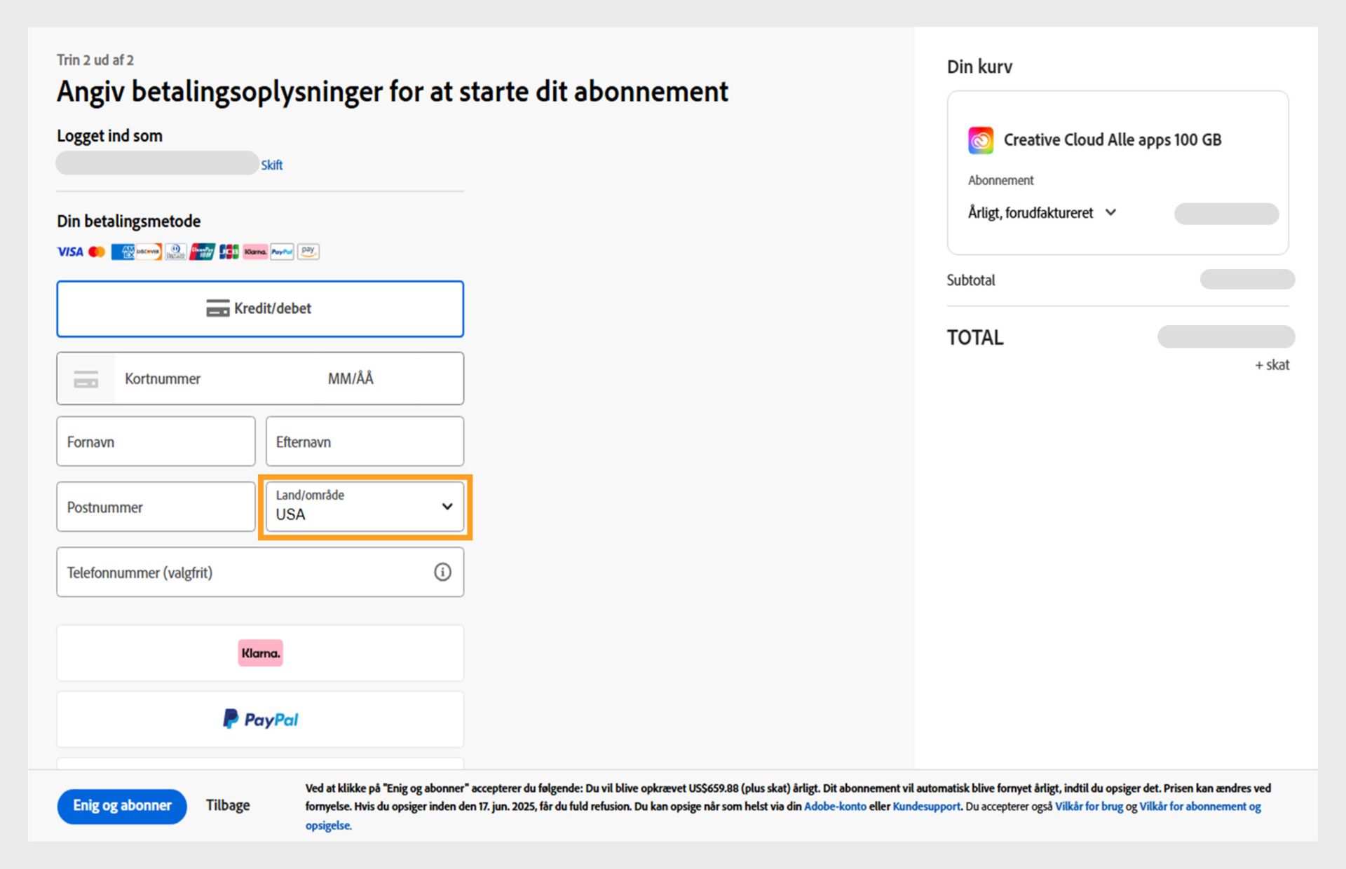 På siden, hvor du indtaster betalingsoplysninger til dit nye abonnement, finder du de tilgængelige betalingsmetoder, felter, hvor du skal indtaste betalingsoplysninger, varer i din indkøbskurv og deres priser, den konto, du logger ind med (her kan du skifte din e-mailadresse), samt knappen Abonner, der fuldfører købet. 