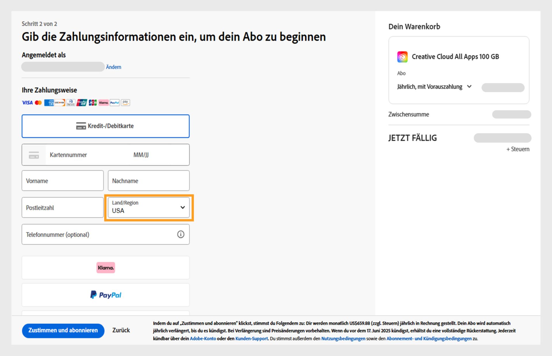Die Seite „Gib die Zahlungsinformationen ein, um dein Abo zu beginnen“ zeigt die verfügbaren Zahlungsmethoden, die Felder zur Eingabe der Zahlungsdetails, die Artikel in deinem Warenkorb und deren Preise, das angemeldete Konto mit der Möglichkeit, die E-Mail-Adresse zu ändern, und die Schaltfläche Abonnieren, um den Kauf abzuschließen. 