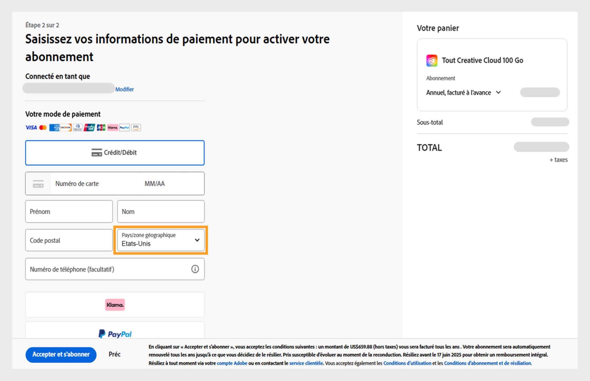 La page Saisissez les informations de paiement pour démarrer votre abonnement présente les modes de paiement disponibles, les champs pour entrer les détails de paiement, les articles dans votre panier et leurs prix, le compte connecté avec la possibilité de changer d’adresse e-mail, et le bouton S’abonner pour terminer l’achat. 