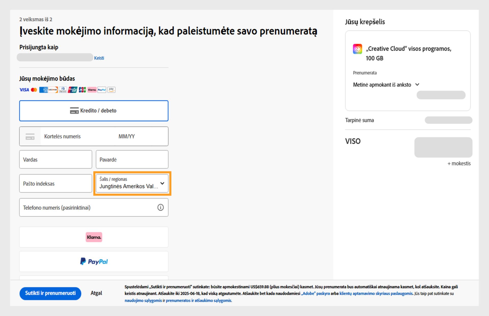 Puslapis „Įveskite mokėjimo informaciją, kad pradėtumėte prenumeratą“, kuriame rodomi galimi mokėjimo būdai, laukai mokėjimo informacijai įvesti, prekės krepšelyje ir jų kainos, paskyra, prie kurios esate prisijungę, su galimybe pakeisti el. pašto adresą ir prenumeratos mygtukas pirkimui užbaigti. 