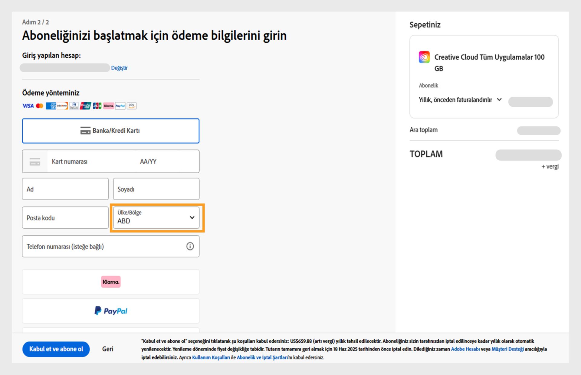 Aboneliğinizi başlatmak için ödeme bilgilerini girin sayfasında mevcut ödeme yöntemleri, ödeme bilgilerinin girileceği alanlar, sepetinizdeki ürünler ve fiyatları, e-postayı değiştirme seçeneğiyle giriş yapılmış hesap ve satın alma işlemini tamamlamak için abone ol düğmesi gösterilir.