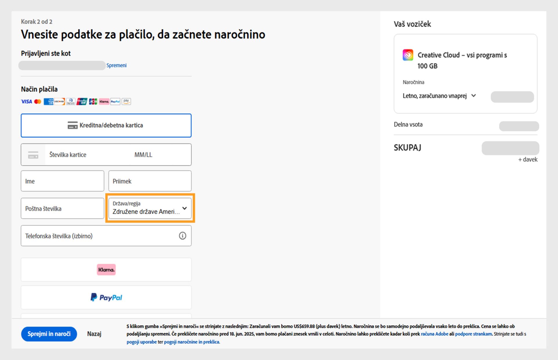 Na strani »Vnesite podatke o plačilu za začetek naročnine« so prikazani razpoložljiva plačilna sredstva, polja za vnos podatkov za plačilo, artikli v vozičku in njihove cene, vpisani račun z možnostjo spremembe e-poštnega naslova ter gumb za naročnino za dokončanje nakupa.