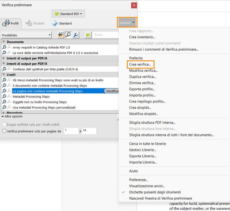 Viene visualizzata la finestra di dialogo Verifica preliminare ed è evidenziata l’opzione Seleziona crea verifica.