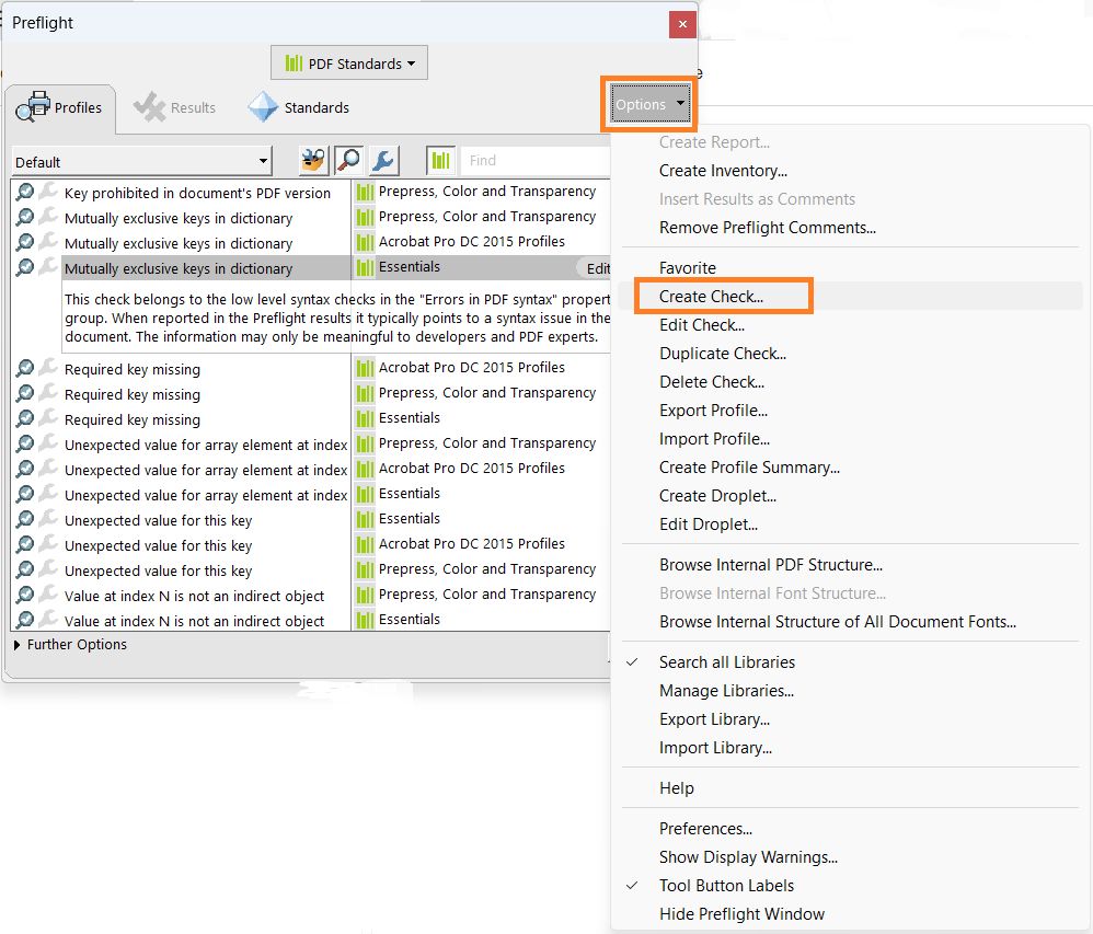 Отображается диалоговое окно «Предпечатная проверка» с выделенным параметром «Создать проверку»