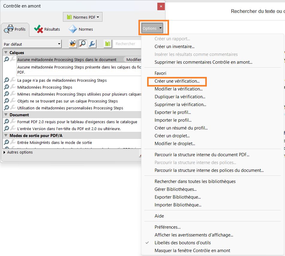 La boîte de dialogue Contrôle en amont s’affiche et l’option Créer une vérification sélectionnée est mise en surbrillance