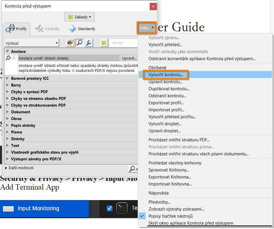 Zobrazení dialogového okna Kontrola před výstupem se zvýrazněnou možností Vytvořit kontrolu