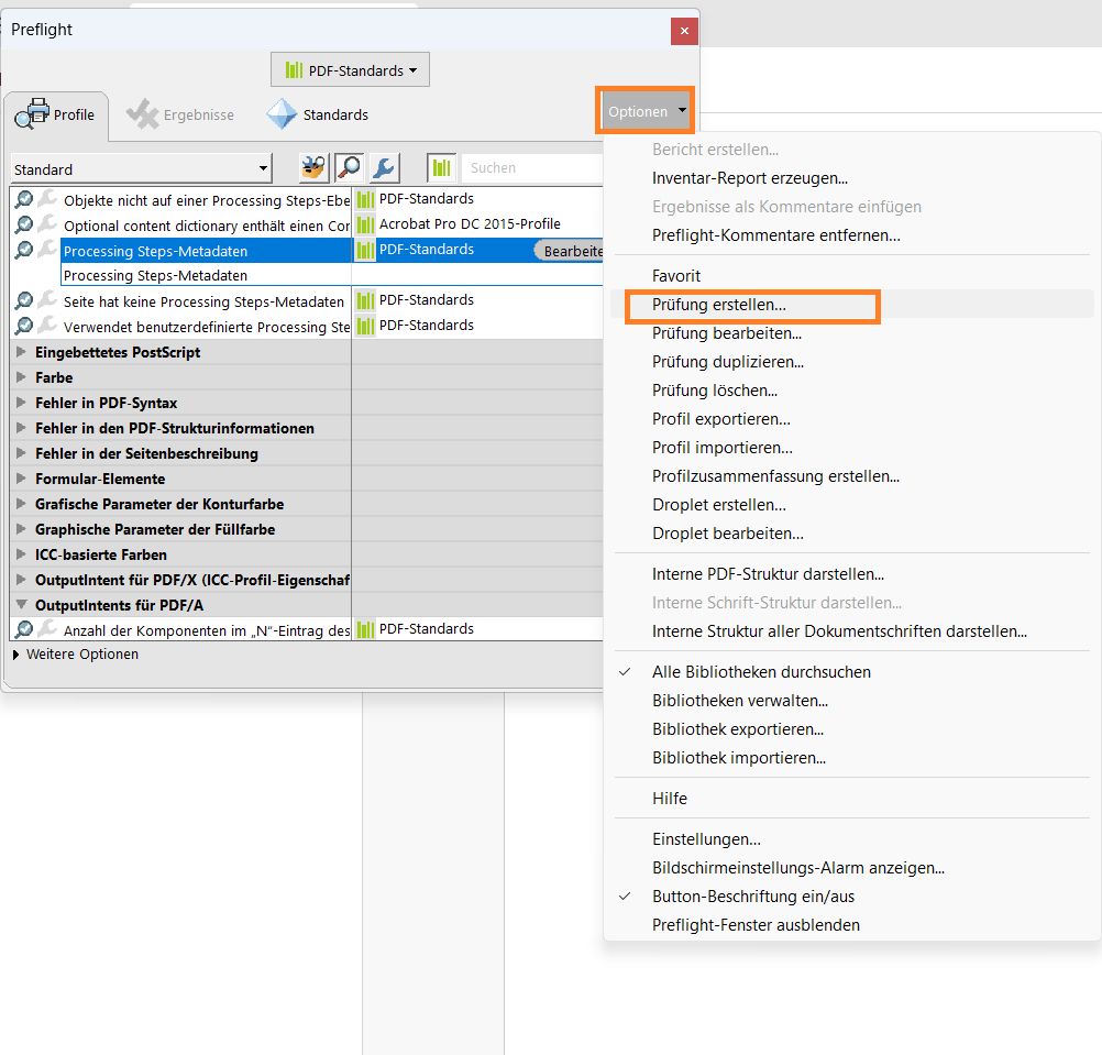 Das Dialogfeld „Preflight“ wird angezeigt. Die Option „Prüfung erstellen“ ist hervorgehoben.
