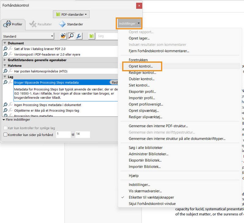 Dialogboksen Forhåndskontrol vises, og indstillingen Vælg Opret kontrol fremhæves
