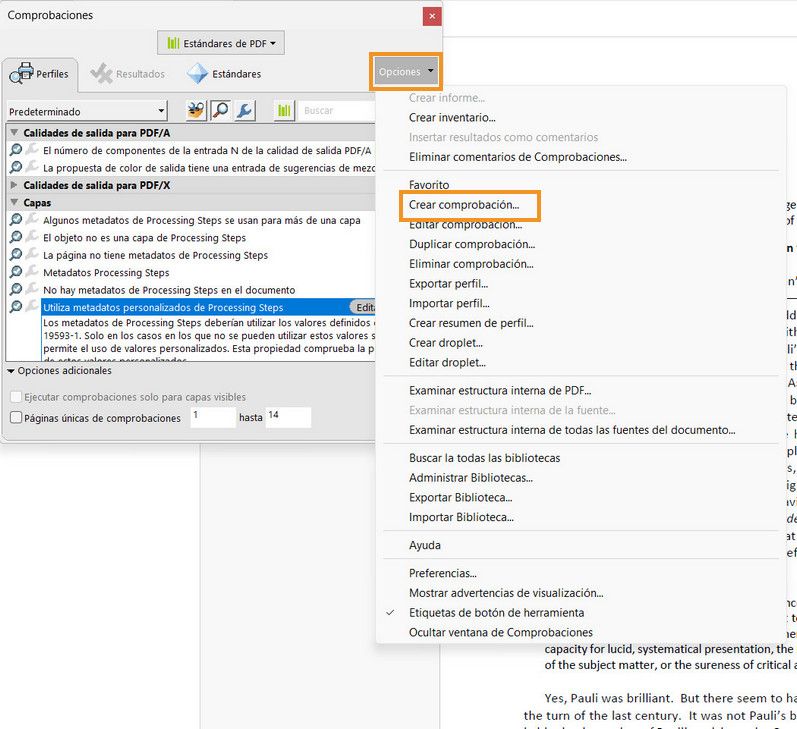 Se muestra el cuadro de diálogo Comprobaciones y se resalta la opción Seleccionar Crear comprobación